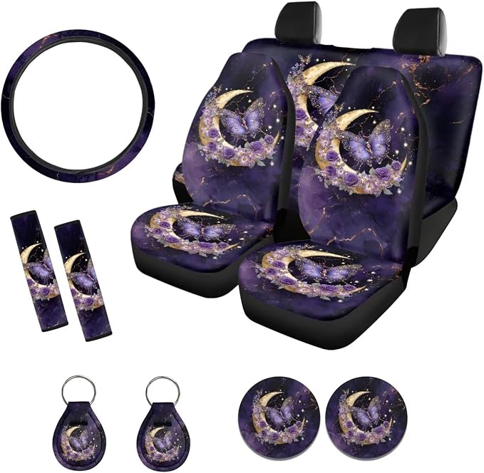 Suobstales Butterfly Moon Rose Marble Print Car Accessories for Women Men Car Seat Covers Full Set Interior Cover Seat Protectors with Steering Wheel Cover, Seat Belt Pads, Coaster, Keychains