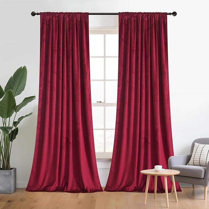 Roslynwood Luxury Soft Rose Red Velvet Curtains 63 inches Long Back Tab Thermal Insulated Blackout Window Drapes for Living Room/Bedroom/Dining Room, W52 x L63, 2 Panels