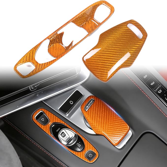 Set of 2 Genuine Carbon Fiber Gear Shift Panel Cover Trim for Corvette C8 2020-2025 Gear Shift Knob Head Protection&Console Gear Shift Button Panel P D Auto M Button Frame Accessories (Yellow)
