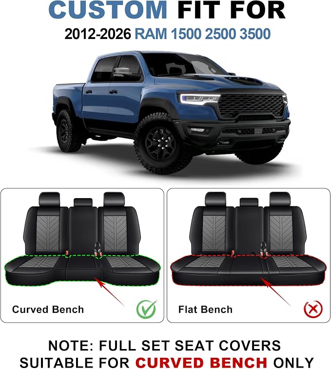 for Dodge RAM 1500 2500 3500 2012-2026 Full Set Seat Covers | Custom Fit Faux Leather Breathable Cooling Truck Bighorn Laramie Tradesman Crew Cab, Seat Protectors(5 Seats, Black & Grey)
