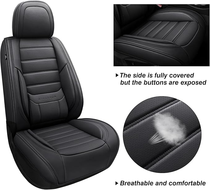 MINGBRON Black Car Seat Cover with Lumbar Support, Car Seat Protector Waterproof, Nappa Leather Car Seat Cushion, Car Seat Covers Front Seats and Back Fit for Most Cars