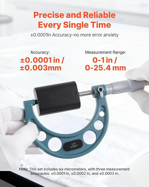 VEVOR 6 PCS Micrometer Set, 0-1"/1-2"/2-3"/3-4"/4-5"/5-6" Machinist Outside Micrometer, Precision 0.0001 Accuracy, Professional Machinist Tools with Protective Case, for Metalworking & Engineering