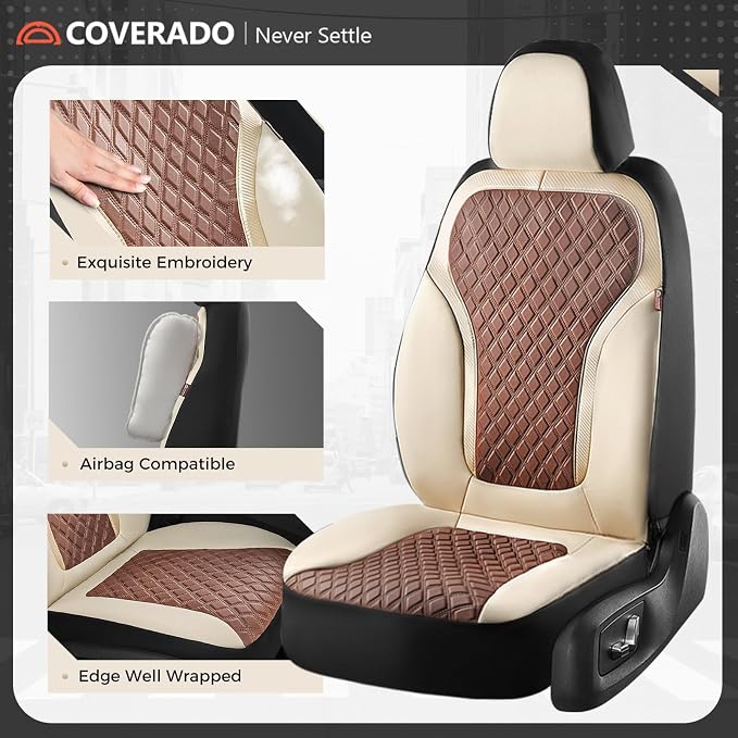 Coverado Front Seat Covers, Luxury Diamond Leather Car Seat Cover with Carbon Fiber Weave, Waterproof Car Seat Cover Driver Seat Cover Spill-Proof Design Universal Fit for Most Cars, Beige&Brown