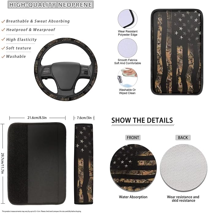 Lotusorchid American Flag Camo Hunting Automotive Seat Covers Full Set of 16, Car Seat Cover for Front Back Seats with Steering Wheel Cover Seat Belt Pads Car Shift Knob Cover Handbrake Cover