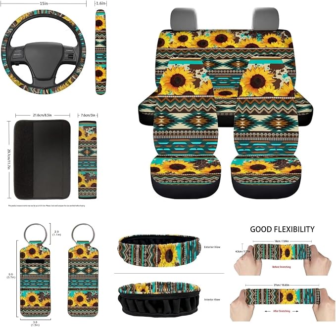 Southwestern Aztec Sunflower Auto Seat Covers Full Set,Anti Slip Cup Mat,Auto Steering Wheel Covers Sunflowers Keychains,Vehicle Interior Mirror Covers,Handbreak Gear Shift Cover for Cars