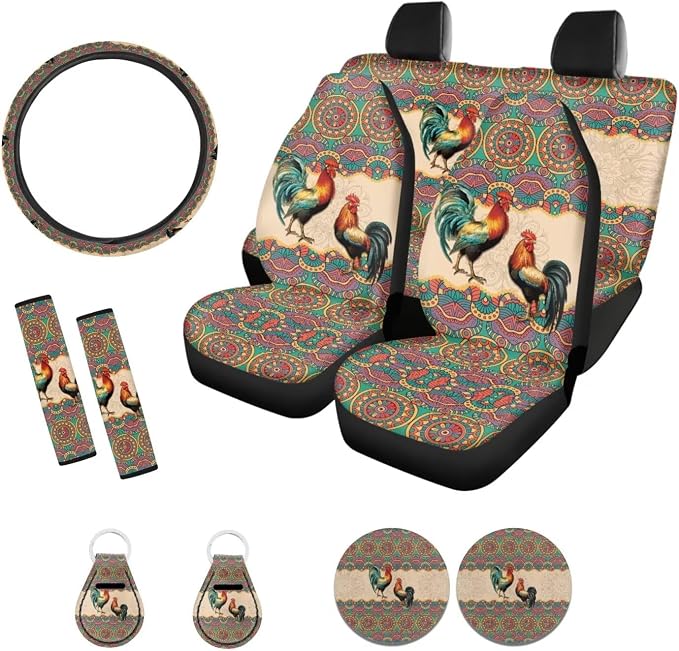 Xoenoiee Chicken Boho Mandala Print 11 Pieces Car Seat Covers Interior Accessories Set Universal Fit with Steering Wheel Cover, Seat Belt Pads, Keychain, Cup Coasters