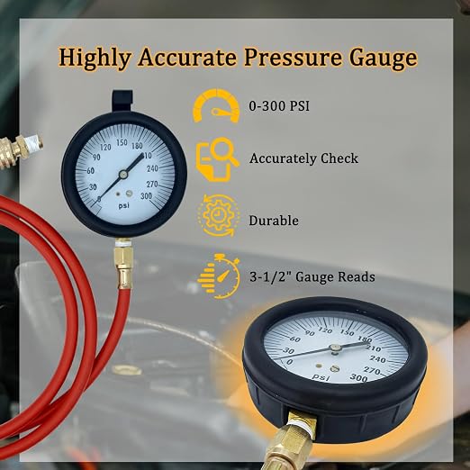 TU-32-20, Compuchek Fuel System Pressure Test Gauge,3-1/2", 300 PSI Gauge,Fit for Cummin-s Diesel Engines and Other Diesel Engines, for Road Testing(6FT)