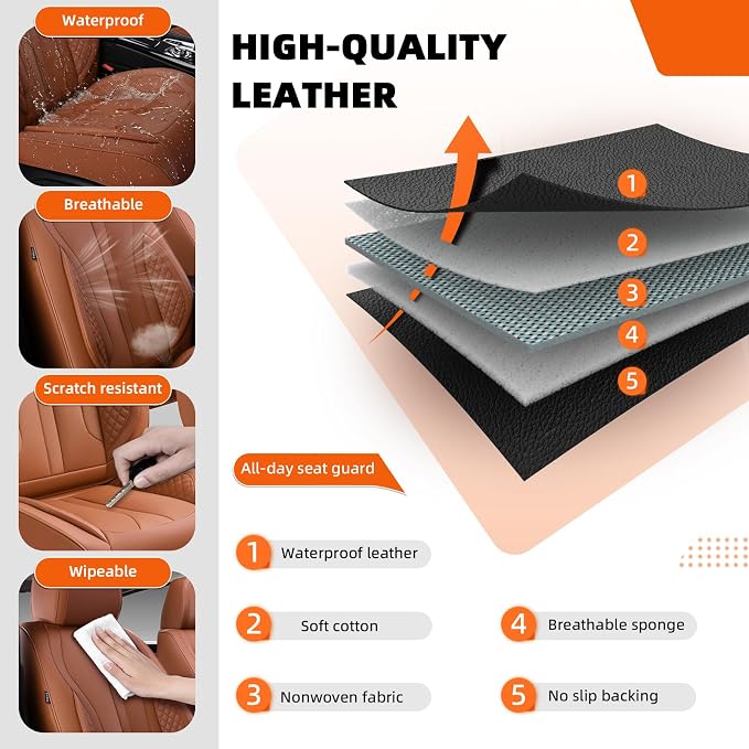 5-Seater Car Seat Covers Full Set, Fit for Front and Rear Seats of Cars, Waterproof and Breathable Nappa Leather, Compatible with Airbags, Car Seat Protector Covers for Most Cars - Brown