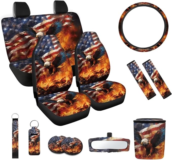 Flag Eagle 12 Pack Car Seat Covers Car Steering Wheel Cover Auto Seat Belt Cover Car Trash Can Rear View Mirror Cover Universal Car Interior Accessories Decoration Fashion Auto Interior