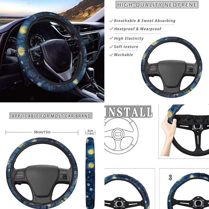 Black Cat Starry Night Print Car Accessories Car Seat Covers Full Set with Steering Wheel Covers+Seat Belt Pads+Coasters+Keychain+Lipstick Holder Universal Fit 13 Pack