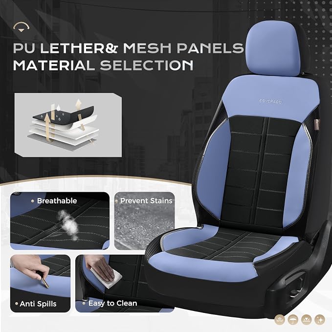 Coverado Leather Seat Covers Full Set Automotive Front and Back Seat Covers Waterproof Car Seat Cushion Protector Universal Fit for Most Cars SUV Trucks, Blue&Black