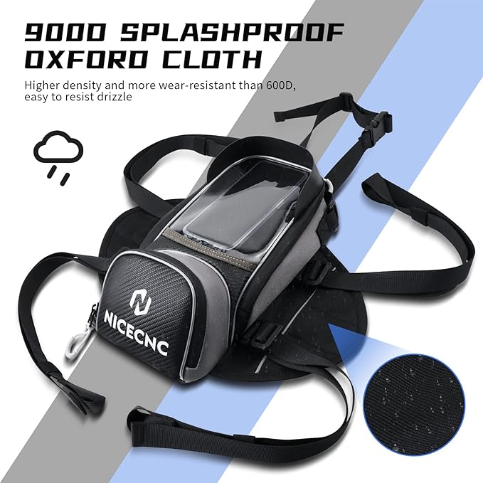 NICECNC Motorcycle Gas Tank Bag Magnetic, 6 Magnets & 5 Straps Reinforced, Detachable Anti-Slip Base Portable, Dirt Bike Tank Bag Storage Bag Muti-Functions for Men Women Cycling Hiking Camping