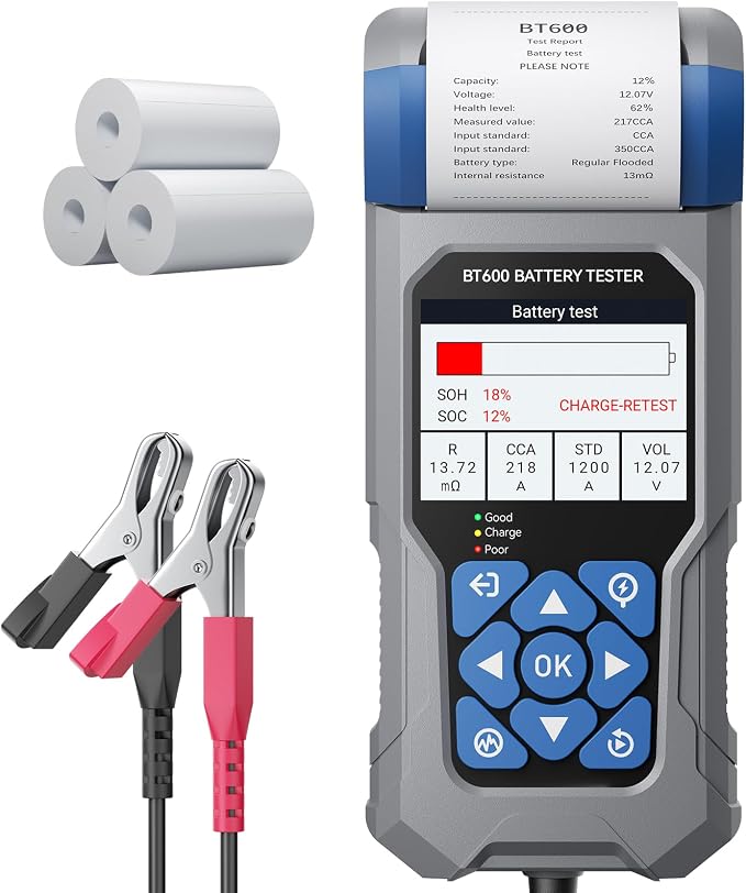 Car Battery Tester with Printer VDIAGTOOL BT600, 6V 12V 24V Automotive Load Tester for Lead-Acid & Lithium, Auto Alternator Starter Charging System Analyzer for Car Truck Motorcycle (3 Paper Rolls)