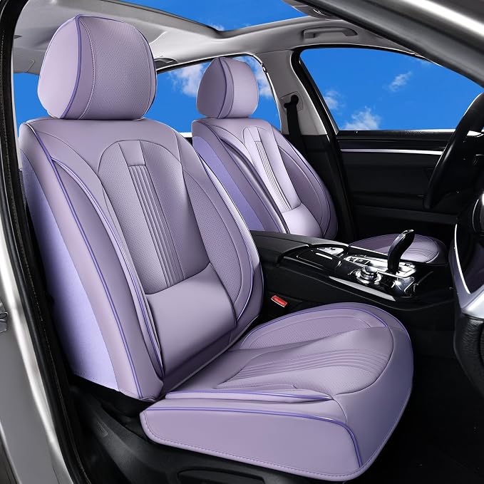 Huidasource Purple Front Seat Cover, Nappa Leather Front Car Seat Cover with Lumbar Support, Ventilation Holes, Side Elastic Fabric, Airbag, Full-Coverage Seat Covers, for Most Cars SUV Trucks, Purple