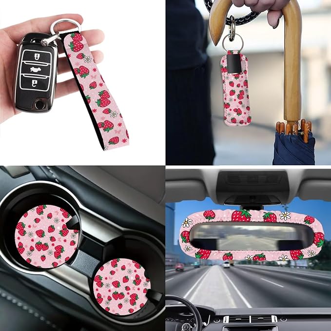 Strawberry Print 12 Pack Car Seat Covers Full Set Car Steering Wheel Cover Car Seat Belt Cover Keychain Holder Chapstick Holder Universal Fit for Vehicles,Cars,Suvs,Vans,Sedans