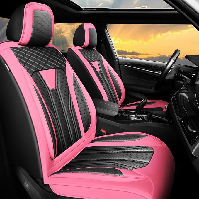 Fit CRV CR-V Car Seat Covers Premium Leather for Honda CRV CR-V 2013-2025 2026. Waterproof， Anti-Slip, Scratch-Resistant & All-Weather Seat Cushion Protector (Full Set, Pink&Black)