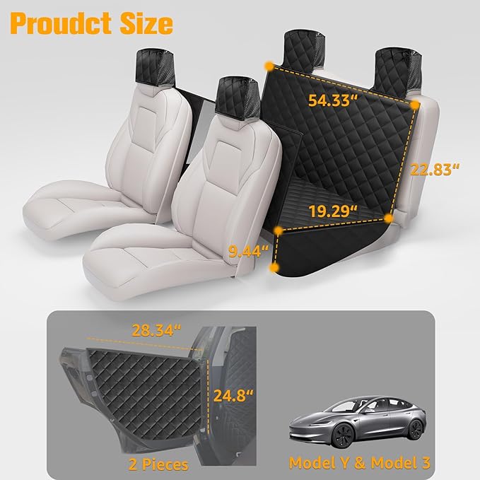 PETICON Dog Seat Covers for Tesla Model 3 & Y Back Seat with 2 Pack Door Protectors+Waterproof 6in Memory Foam Dog Car Seat for Small Medium Dogs