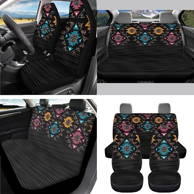 AFPANQZ 11 Pack Car Accessories Set Retro Aztec Graphics Car Seat Covers Steering Wheel Cover, Car Seats Covers, Seat Belt Pads Gear Shift Knob Handbrake Cushion Car Cup Holder Coaster