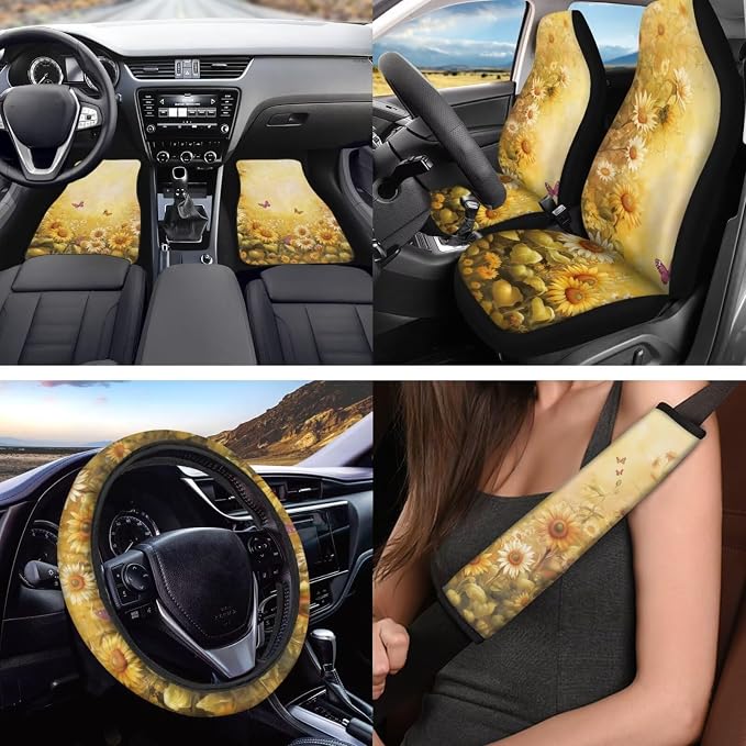 18 PCS Butterfly Sunflower Car Interior Accessories Set for Women, Car Seat Covers with Steering Wheel Cover Floor Mats Armrest Pad Seat Belt Pads Roof Handle Wraps Cup Coaster Keychain