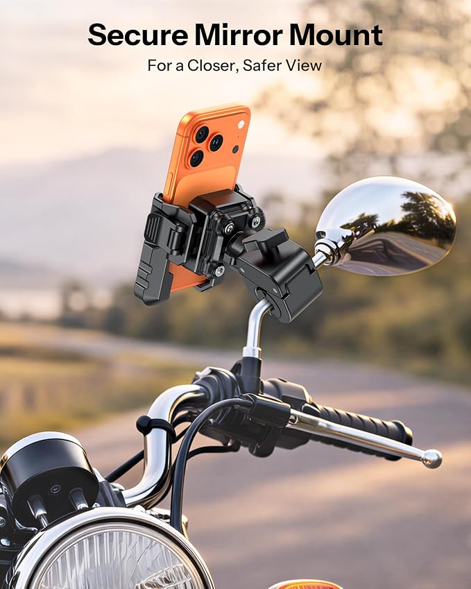 OMOTON BK01 Anti-Vibration Phone Mount, Quick Lock Shockproof Bike & Motorcycle Phone Holder, Fits iPhone & Android for Riders on E-Bike, Stroller, Scooter, Fits Handlebars & Rearview Mirror, Black