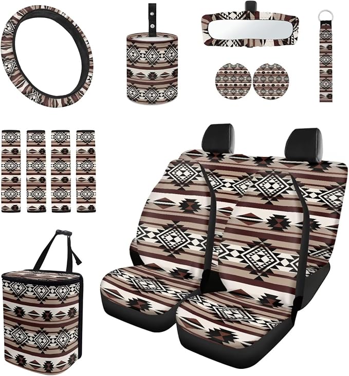 Southwest Aztec Native Tribal Car Seat Covers Set of 15 with Universal Steering Wheel Cover, Rearview Mirror Cover, Car Trash Can, Seatbelt Pads, Cup Holder Coasters, Keychains