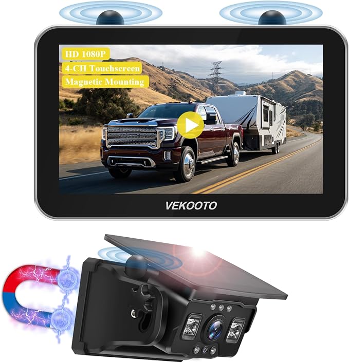 VEKOOTO VK7 Pro Magnetic Solar Wireless Backup Camera, 7'' IPS Touchscreen Monitor HD1080P No Wiring 15,800mAh Rechargeable Camera System for Hitching Gooseneck Horse Trailer RV Camper Car Truck