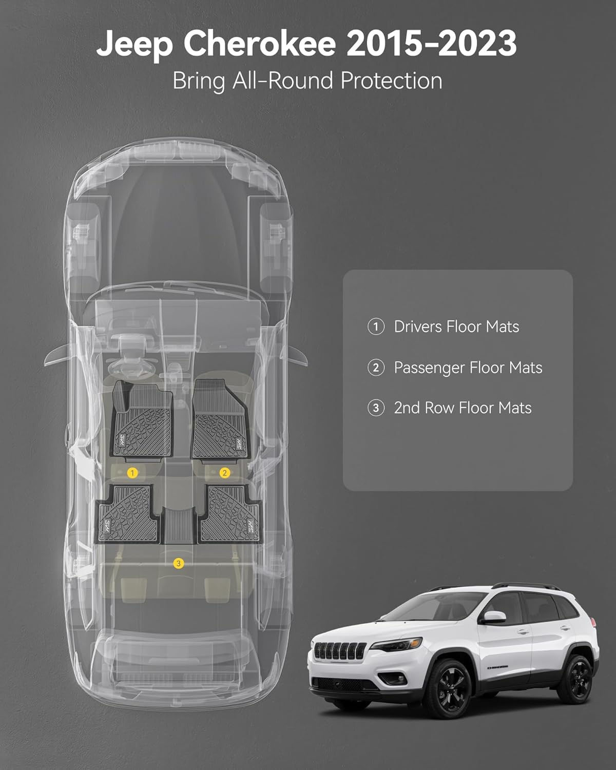 3W Floor Mats Fit for Jeep Cherokee 2015-2023 TPE Floor Liner 1st and 2nd Row Full Set Car Mats, Black (NOT for Grand Cherokee)