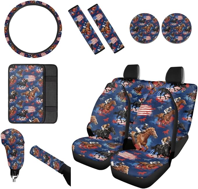 Wanyint Kentucky Horse Racing Car Seat Covers Full Set 12 Pieces, with Steering Wheel Seat Belt Covers Armrest Pad Handbrake Gear Shift Knob Cover Cup Coaster Universal Fit, American Flag Horse Navy