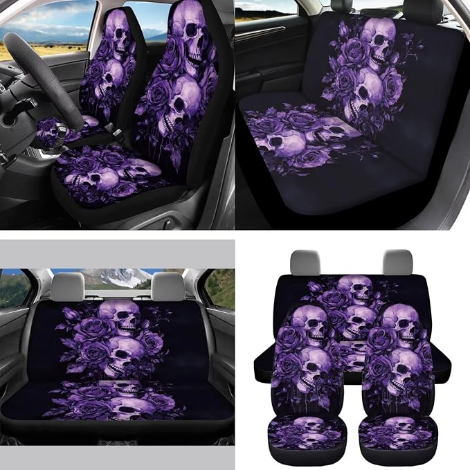 15 Pcs Purple Rose Skull Car Seat Covers Full Set for Women Goth Car Accessories Interior Car Steering Wheel Cover Seatbelt Covers Trash Bin Rear View Mirror Cover Cup Holders Keychain