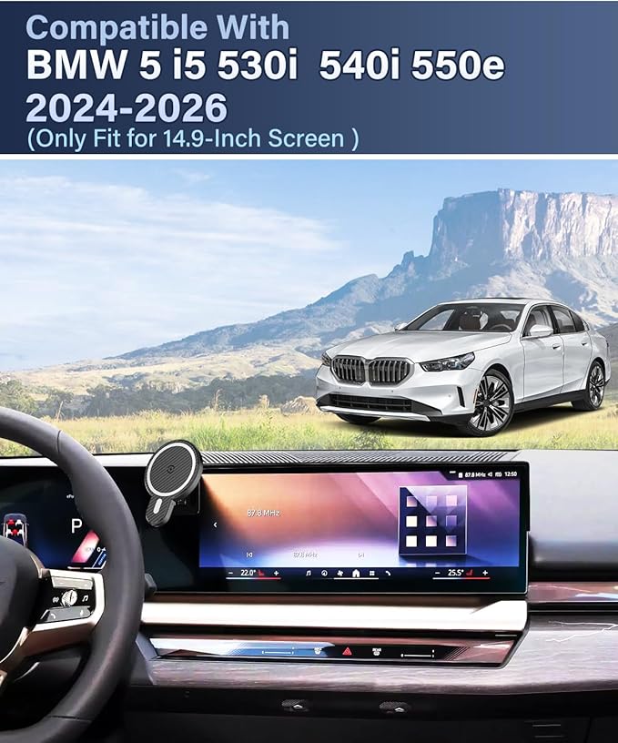PZK Car Phone Holder for 2024 2025 2026 BMW 5 Series/BMW i5 /BMW 530i 540i 550e Accessories 14.9-Inch Screen Fixed Clip, Car Phone Holder Magnetic 15W Fast Wireless Charger 360° Rotation Phone Cradles