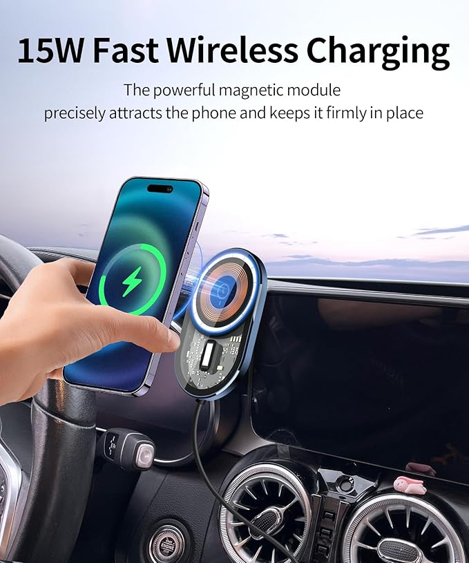 Wireless Charging Car Phone Holder for Mercedes Benz GLC-Class 2020-2022 / C-Class 2019-2021, 10.25" Screen Fixed Clip, 360° Rotation Car Phone Mount Compatible with MagSafe