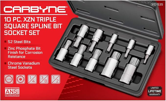 CARBYNE 10-Piece Triple Square Socket Set, XZN Spline Bit Socket, 12 Point, Metric M4 to M18, S2 Steel, CrV Sockets, 1/4 in. 3/8 in. and 1/2 in. Drive, Durable Storage Case
