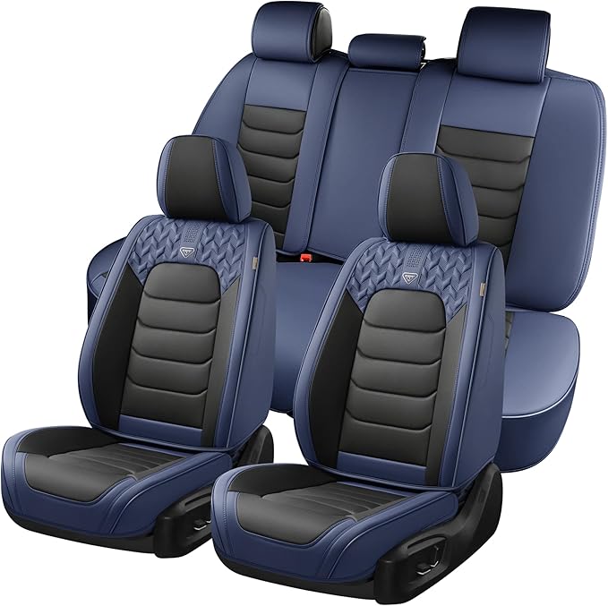 FLORICH Car Seat Covers Full Set, Leather Seat Cover, Front and Rear Seat Covers 5 Seats, Waterproof Car Seat Cushion Protector Accessories for Sedan SUV Pick-up Truck (Blue&Black, Full Set)