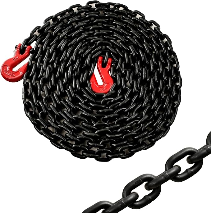 Heavy Duty G80 Transport Binder Chain 5/16'' Inch x 20 Feet,Tow Chain with G70 Clevis Grab Hooks,4900 lbs Safe Working Load Logging for Transporting, Towing(5/16'' x 20FT Black).