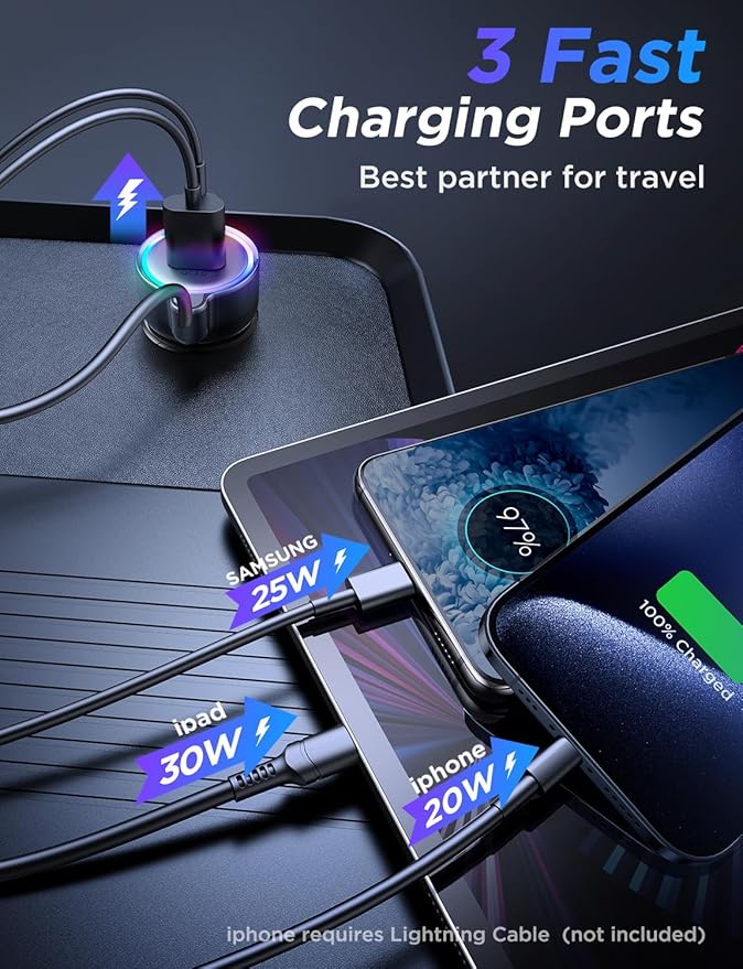 USB C 60W Super Fast Car Charger PD& QC3.0 with 5ft 30W Type C Coiled Cable, Car Phone Charger Adapter for iPhone 15 Pro Max Plus, Samsung Galaxy S23/S22/S21, Google Pixel/Moto/LG/Android, iPad Pro