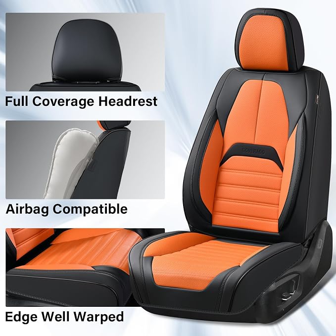 Coverado Car Seat Covers Full Set, Seat Covers for Cars, Automotive Seat Covers, Waterproof Nappa Leather Front Seats and Back Car Seat Protector, Universal Fit for Most Cars SUV Trucks,Black&Orange
