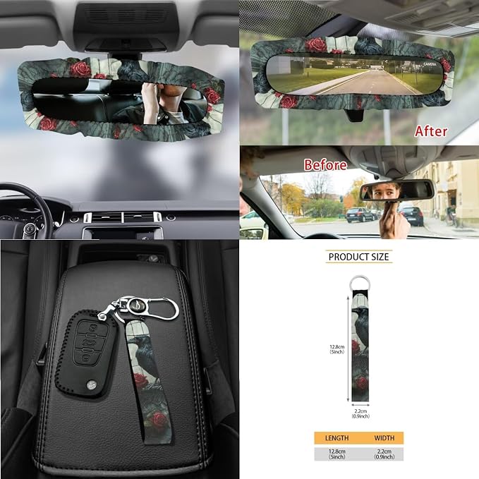 Crow Rose Flower Pattern Car Accessories Set of 15, Full Set Seats Covers, Auto Streering Wheel Cover Trash Bin, Seat Belt Pad Keychain Coasters Air Vent Storage Bag