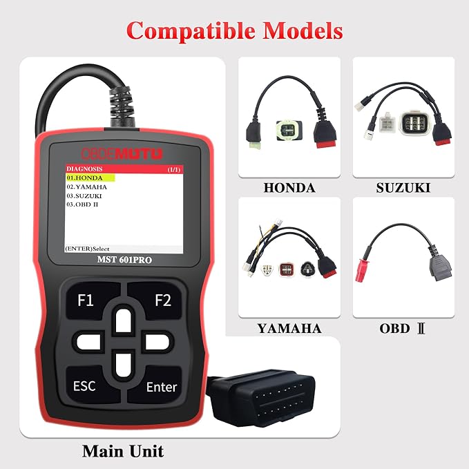 601Pro Motorcycle Scanner, Motorcycle Diagnostic Tool with 2.4'' LCD, Motorcycle OBD2 Scanner with ECU Scan, Read & Clear Codes, Live Data Stream, Freeze Frame for Honda Yamaha Suzuki
