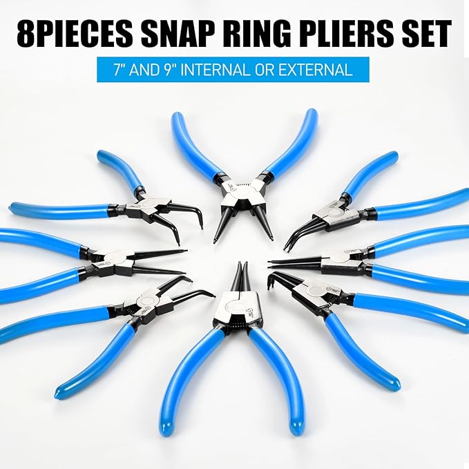 SMOTIVEPRO 8 Piece Precision Snap Ring Pliers Set – 7" & 9" Internal/External Circlip Pliers, 3 Angle Tips (0° 45° 90°), Heavy Duty CR-V Steel