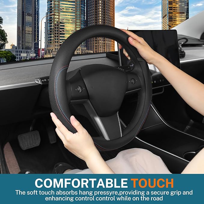 Leather Steering Wheel Cover Custom-Fit for Tesla Model 3/Y 2016-2026, Comfort Grip Design Breathable and Non-Slip, Model 3/Y Car Steering Wheel Protector, Tesla Accessories,Black(C-Style, for Tesla)