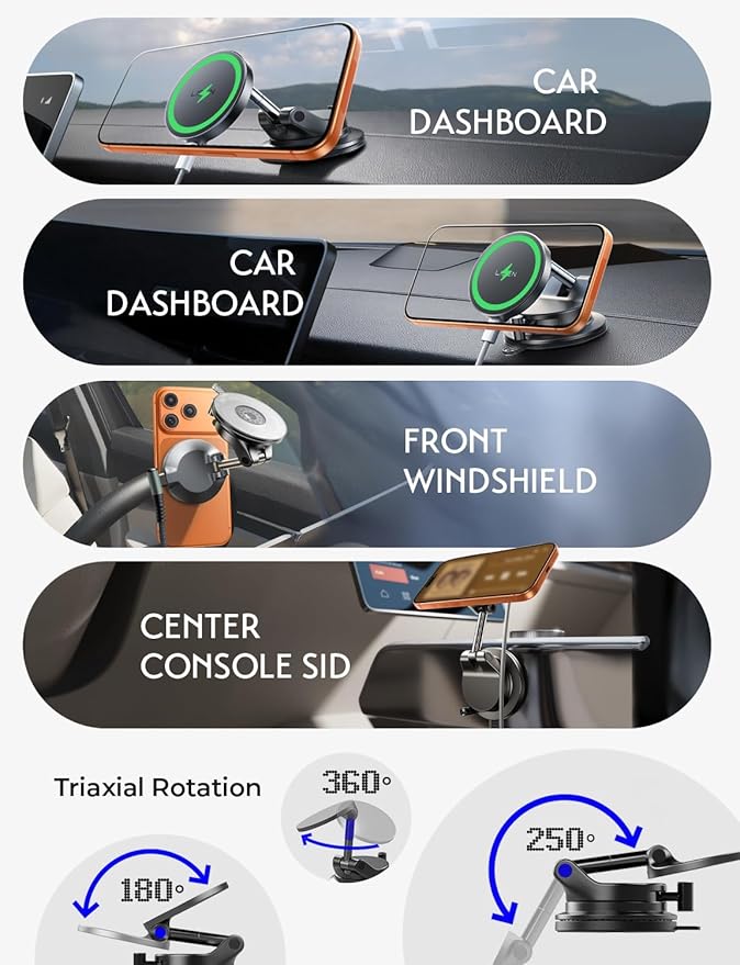 LISEN 15W Magsafe Car Mount Charger, Magnetic Wireless Car Charger, Suction Phone Mount, Vacuum Magnetic Phone Holder for Car Charger for iPhone 17 Pro Max 16 15 14 13 12, Samsung S26/S25,Pixel 10 Pro