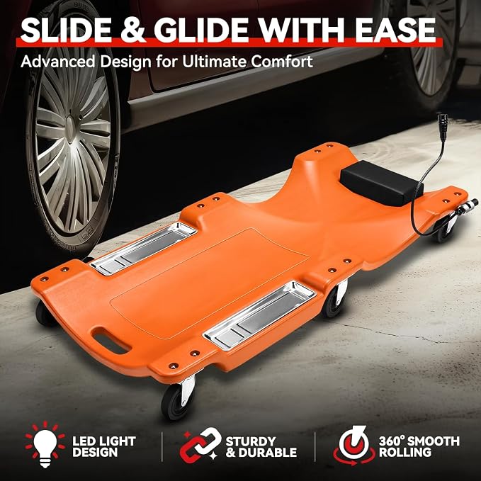 Auto Dynasty 40 Inches Mechanic Creeper, Automotive Garage Repair Low Profile Under Car Rolling Creeper with LED Light and Padded Headrest, Plastic, Orange