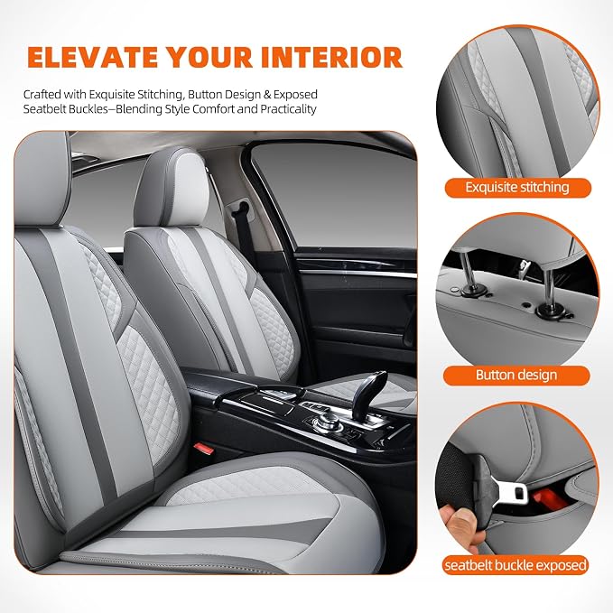 5-Seater Car Seat Covers Full Set Waterproof and Breathable Nappa Leather, Fit for Front and Rear Seats of Cars, Compatible with Airbags, Car Seat Protector Covers for Most Cars - Light Gray