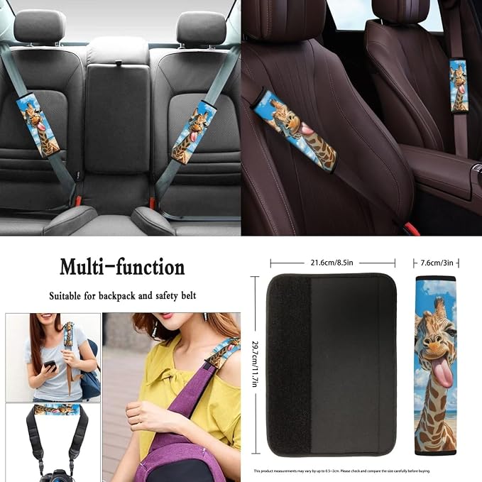 Giraffe Car Seat Covers Including Funny Animal 4 Front Rear Seat Cushion Cover/2 Coasters/1 Steering Wheel Wrap/2 Shift Knob Handbrake Cover/2 Seatbelt Pad Cover, 11 Pack Car Accessories