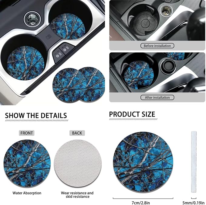 KEIAHUAN Blue Camo Hunting Car Seat Covers Full Set with Gear Shift Knob and Handbrake Cover Steering Wheel Cover Head Rest Covering Cup Coaster Fits Most Vans Trucks SUV Sedan