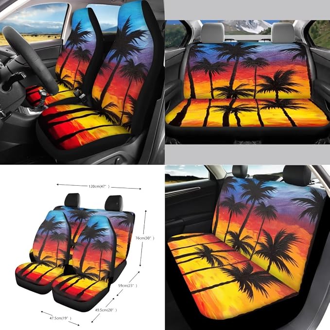 Tropical Palm Tree Print 15 Pack Car Seat Cover Set with Steering Wheel Covers Seatbelt Strap Pad Garbage Cans Rear View Mirror Cover Coasters Key Chain Universal Fit