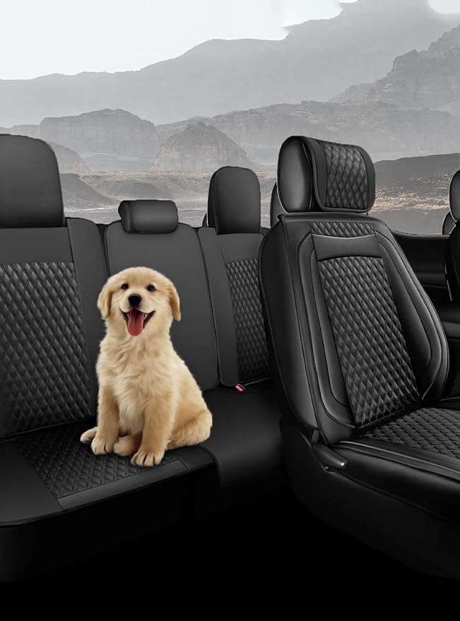 Octomo Custom Leather Seat Cover Full Set Compatible with Toyota Tacoma 2009 to 2024 TRD Sport Off Road TRD Pro Limited SR SR5 Package Access Double Extended Cab Pickup Truck (5 Pcs, Black)