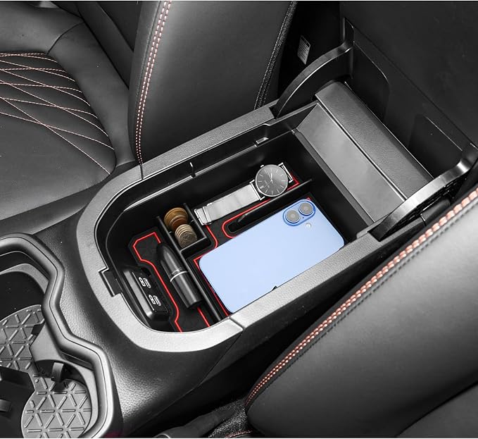 LUWU 2025 RAV 4 Center Console Organizer Compatible with 2019 2020 2021 2022 2023 2024 2025 Toyota RAV 4 Accessories Armrest Console Secondary Storage Box Insert Tray ABS Material Red