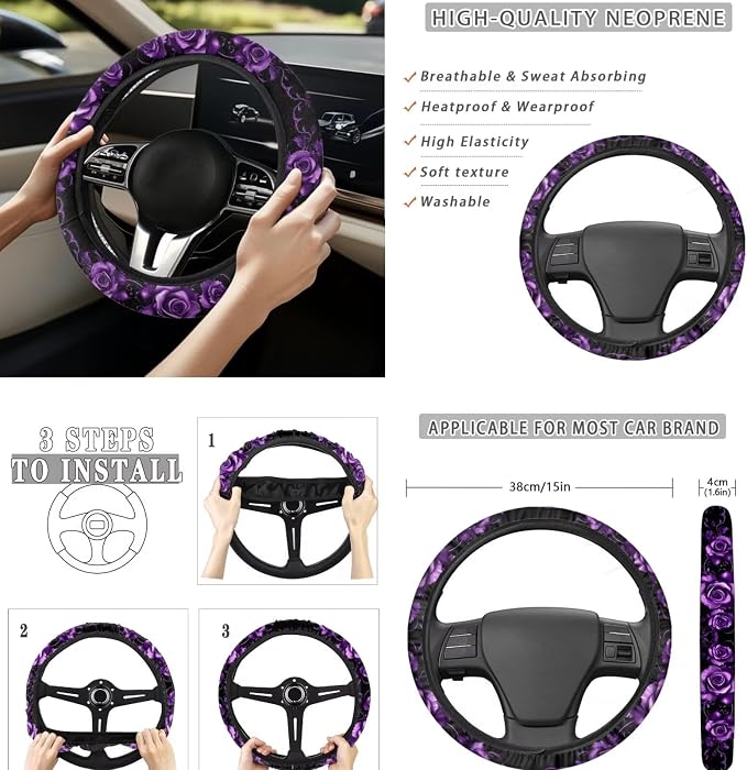 8 Pcs Moon Purple Rose Car Seat Covers Full Set Car Accessories for Women Front Seat Cover Steering Wheel Armrest Cover Seat Belt Cover for Auto SUV Interior Decoration
