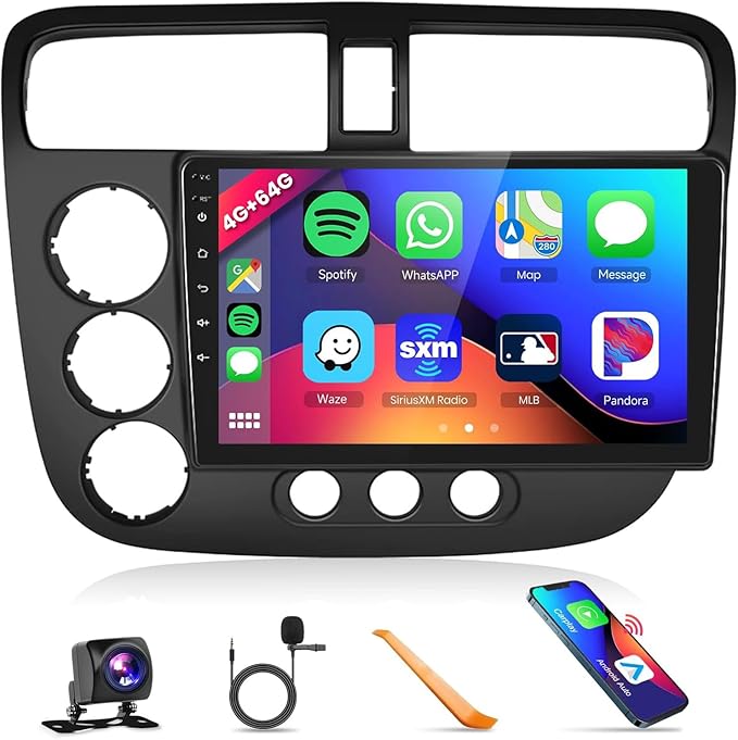 4GB 64GB Radio for Honda Civic 2001-2005 Car Stereo with Wireless CarPlay 5.0Bluetooth DSP 32EQ 5GhzWiFi 9Inch 1280x720P IPS Touchscreen GPS FM/RDS Android Auto MirrorLink AHD Backup Camera